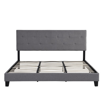 King Size Platform Bed, Upholstered With Gray Linen Fabric Headboard, Button , No Box Spring Needed, Wood Slat Support, Easy Assembly Benefit Procedure