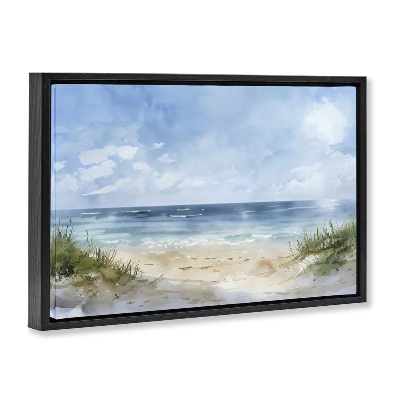 «Serene Summer Beach Floater», art mural par LSR Creative Studio, Cadre flottant noir de jais, H 17 po x l 25 po