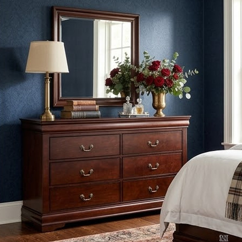 Ryla Wide Dresser, 6 Drawers, Nickel Metal Handles, Solid Wood, Cherry Brown