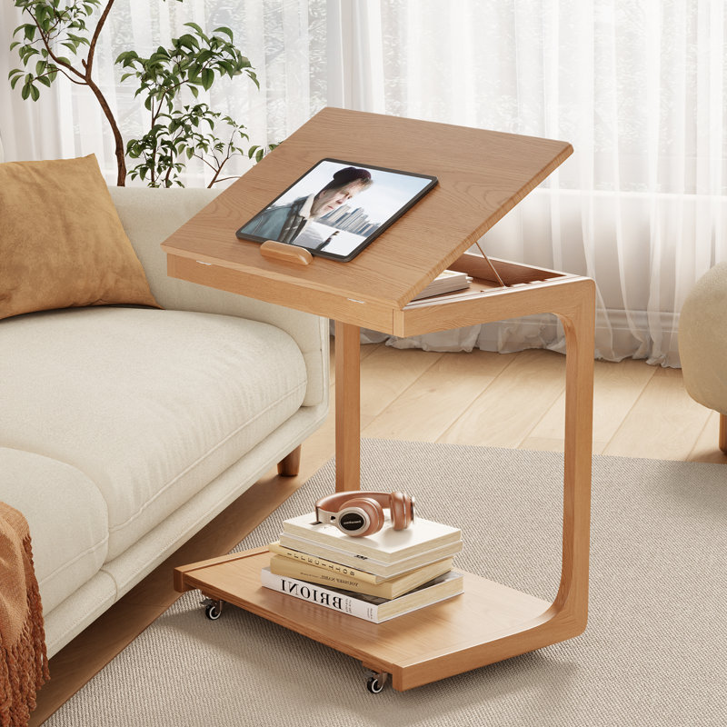 C Shaped End Table for Couch, C Table with Wheels, Wooden Couch Table Adjustable Desktop for Living Room,Bedroom - 24.8" H × 15.7" W × 15.6" D