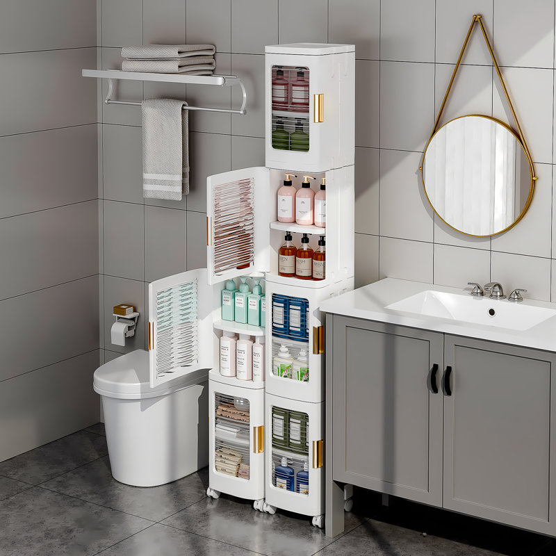 4 Tier Folding Stackable Storage Box, Stackable Storage Drawers On Wheels, Bathroom Floor Cabinet With Doors, White