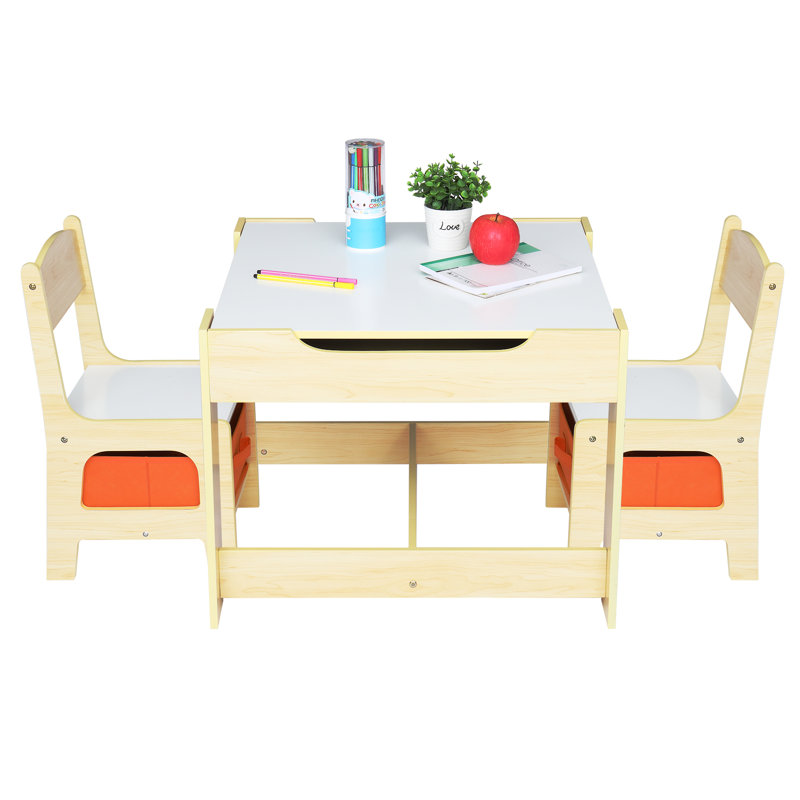 Swinehart Kids 3 Piece Square Play Or Activity Table and Chair Set, White/Nature/Orange