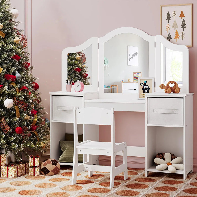 Melisa 2-in-1 Princess Makeup Desk & Chair With Tri-folding Detachable Mirror, Qpen Storage Shelves Pretend Play Dressing Table, Ideal Gift for Little Girls