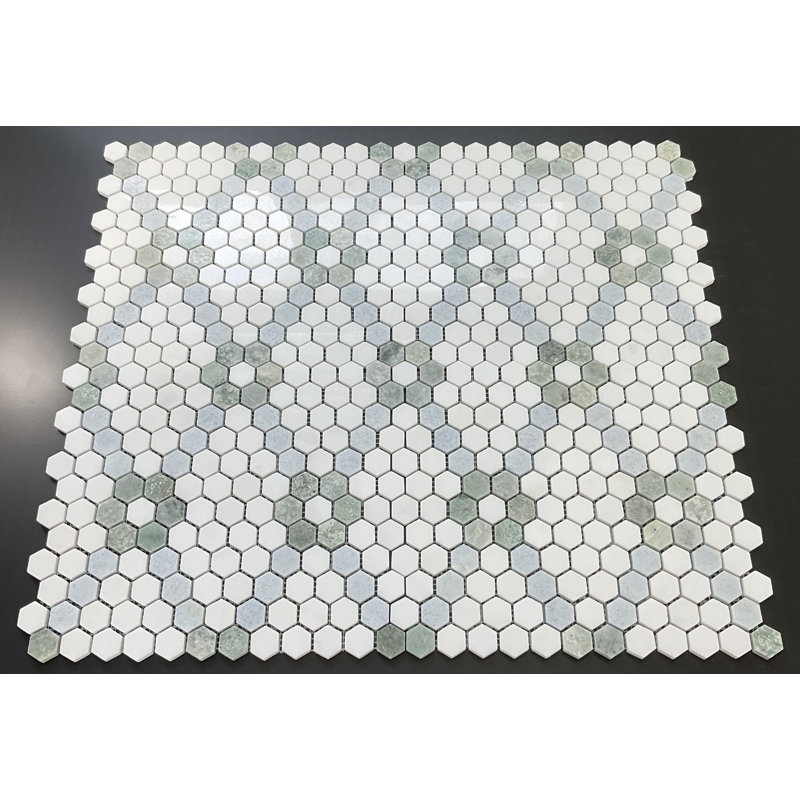 Carreau de mosaïque hexagone en marbre Thaeste, blanc, vert Ming et bleu Celeste, Thassos White/Ming Green/Blue Celeste
