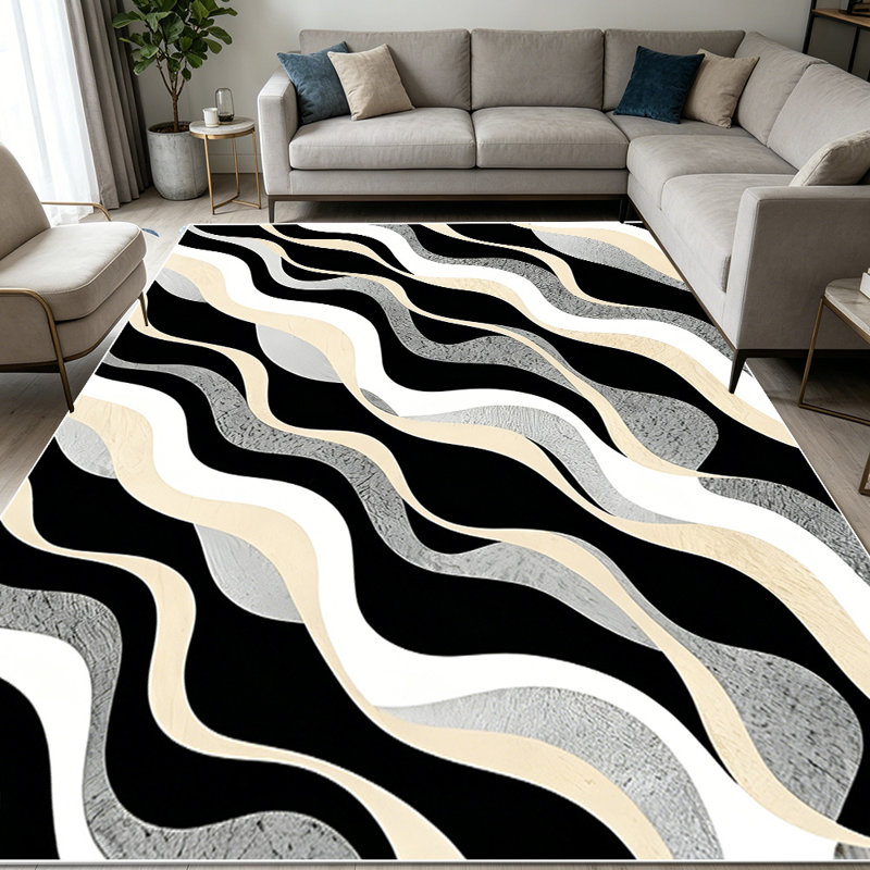 1PC Black Beige Grey White Wavy Striped Geometric area rugs for Living Room, Soft and Comfortable, Suitable for all seasons, easy-to-maintain, machine washable Indoor floor mat, Under Table Farmhouse suitable for dining room, bedroom, entryway,