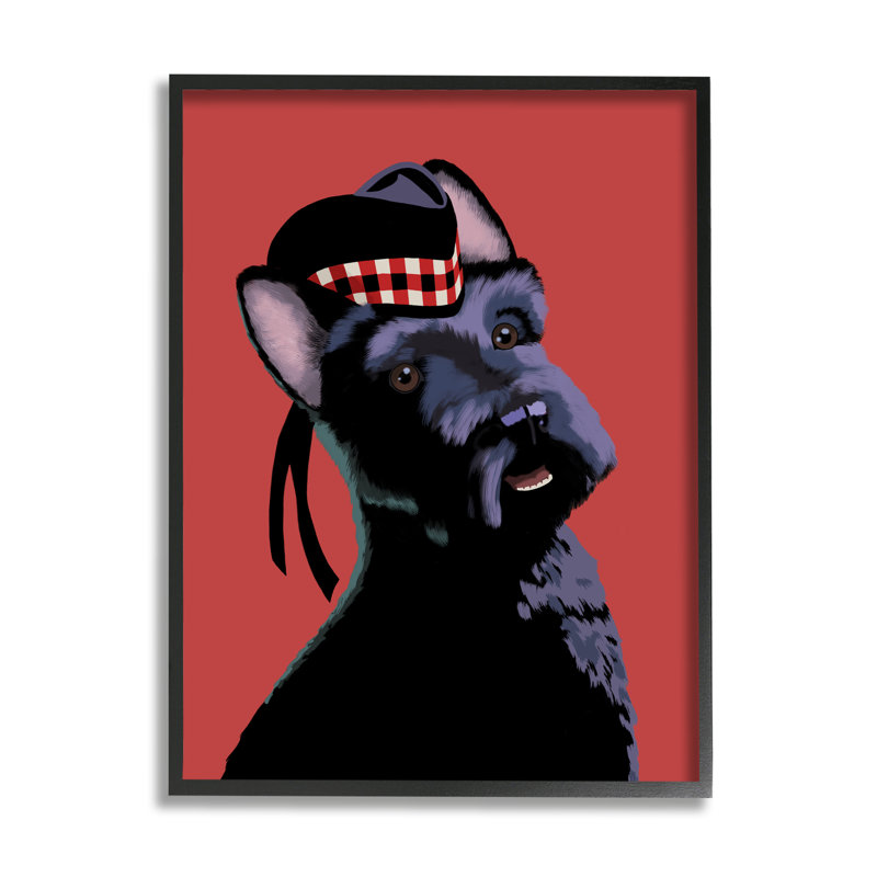 Terrier écossais souriant avec chapeau écossais rouge, Giclée encadrée noir minuit, H 14 po x l 11 po