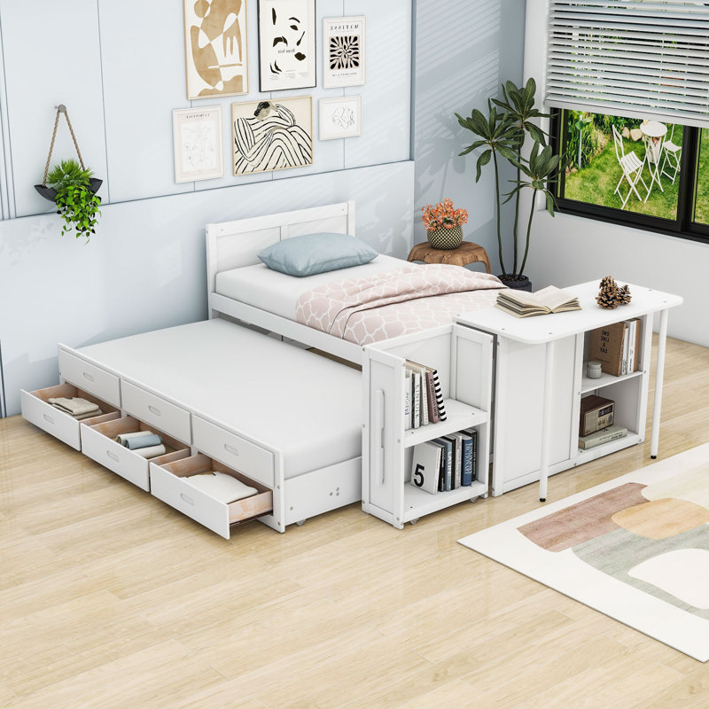 Lassen Twin Wooden Platform Bed with Twin Trundle, Storage Drawers and Desk, White