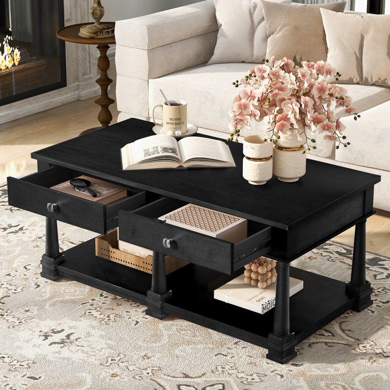 Table basse 45,3 po rectangulaire en bois massif avec tiroir de rangement pour le salon noir, Noir