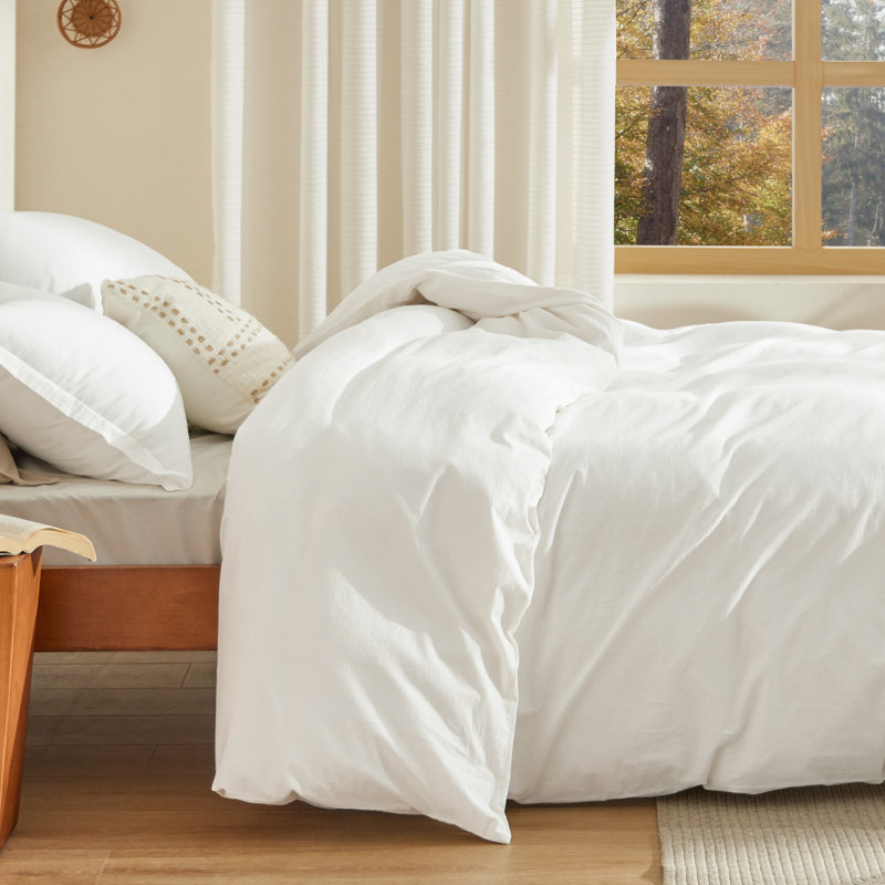 Bedsure 100% Washed Cotton Duvet Cover Queen Set - Minimalist Cotton Beding Set For All Season（set of 3）, Stone-washed White