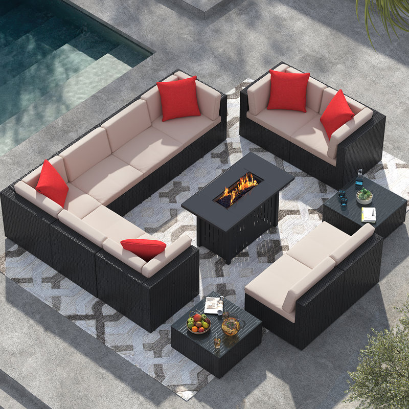 13 Pieces Rattan Patio Furniture Conversation Set with 43" Gas Propane 50000 BTU Fire Pit Table Outdoor Sectional Sofa for Backyard