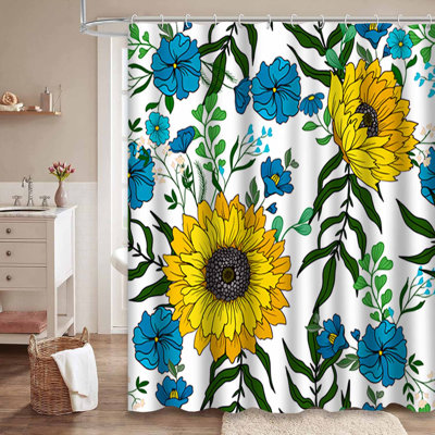 Waterproof Autumn Blossom Sunflower Field Shower Curtain with 12 Hooks