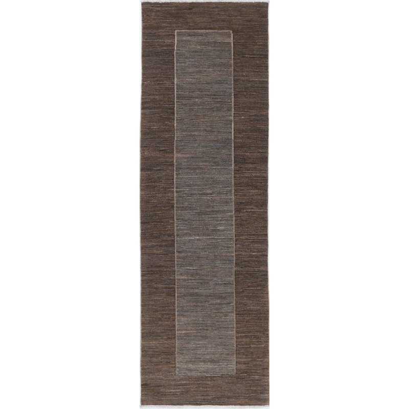 Tapis de couloir brun et gris en laine noué à la main 2,7 x 9,7 pi, tapis d'escalier minimaliste moderne