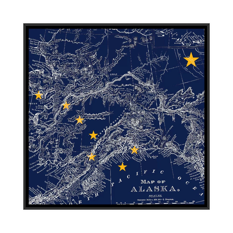 Drapeau d’alaska, carte carrée, impression sur toile, H 18 po x l 18 po x P 1,5 po, Toile avec cadre noir, Pas de tapis