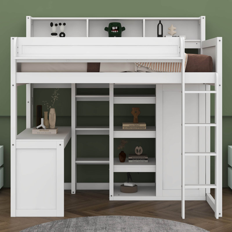 Lit mezzanine simple en bois Heribert avec plusieurs tablettes de rangement et garde-robe, Blanc