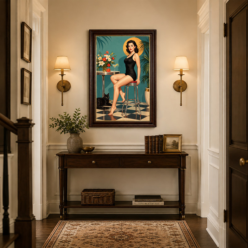 Tableau sur toile représentant une pin-up rétro en maillot de bain noir sur un tabouret chromé, 24"H x 16"W