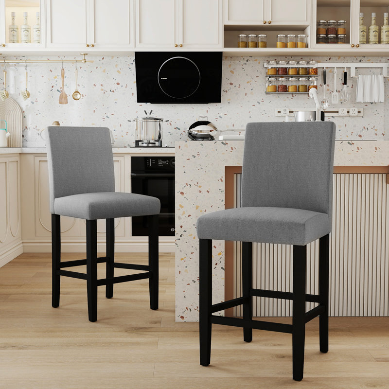 Gurrola 25" H Mid-century Modern Fabric Upholstered Solid Wood Counter Stool with Low Back, Set of 2, Grey