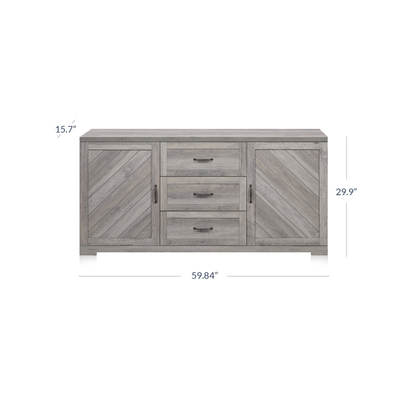 Buffet 60 po, console avec trois tiroirs et deux armoires de rangement pour la salle à manger, gris