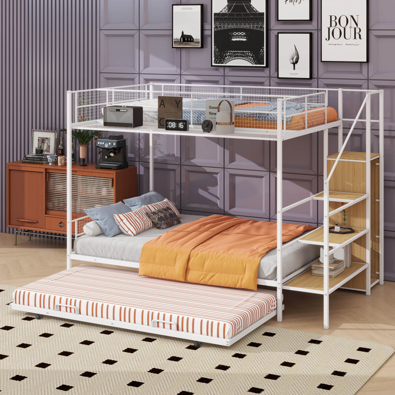 Lit superposé en métal avec lit gigogne, échelle de rangement latérale et garde-robe, Blanc