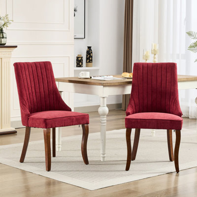 Comfy Upholstered Dining Chair , Rayon Cloth Linen, Curved Solid Wood Legs, 2pcs, Wine Red Tone 2 Linen Chairs, Legs With Curve, High Rebound Foam,