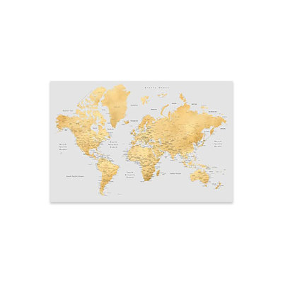 " Detailed World Map in Gold and Gray, Everly " Print