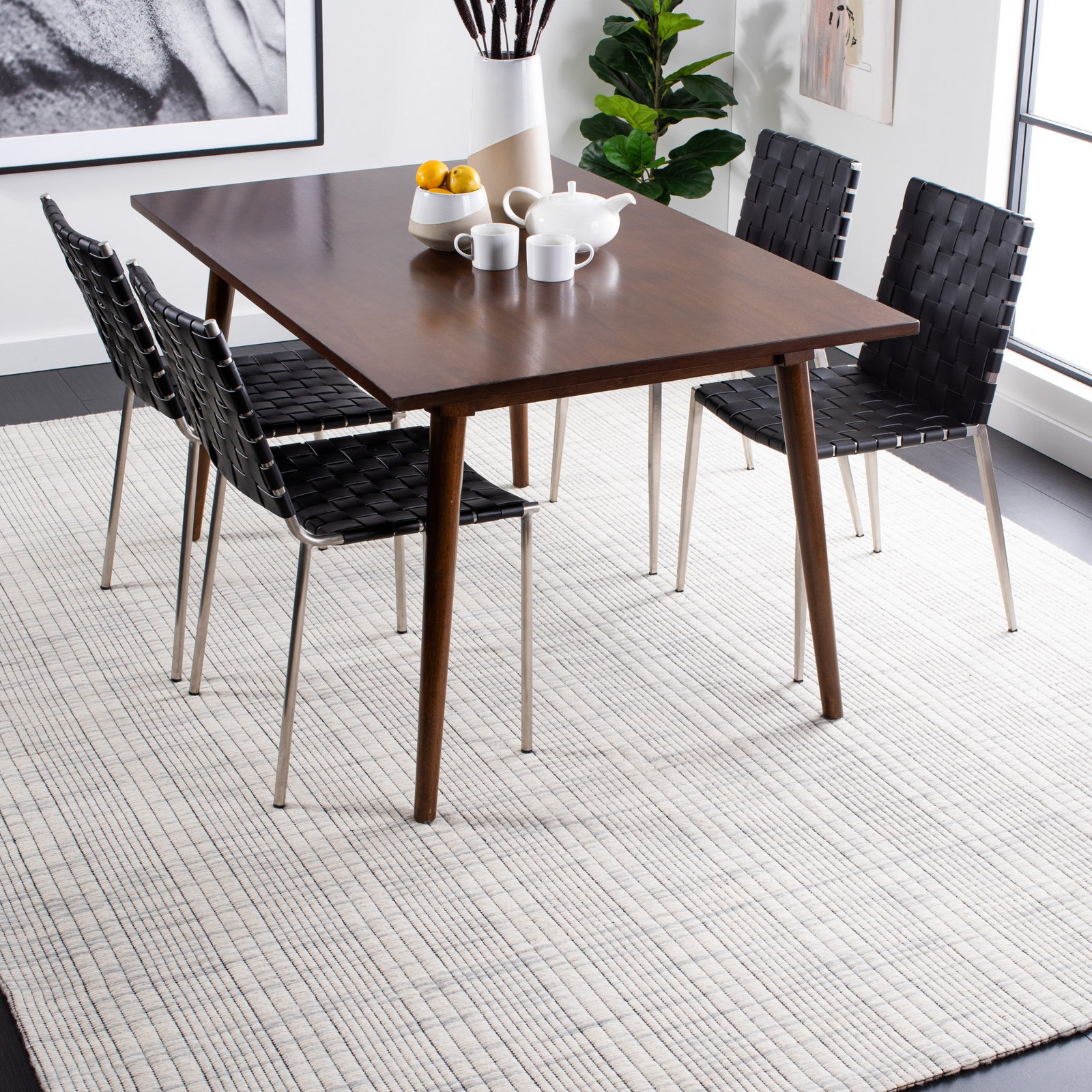 Hoxton Gray Beige Hand-Woven Striped Wool Rug, Rectangle 4' x 6'