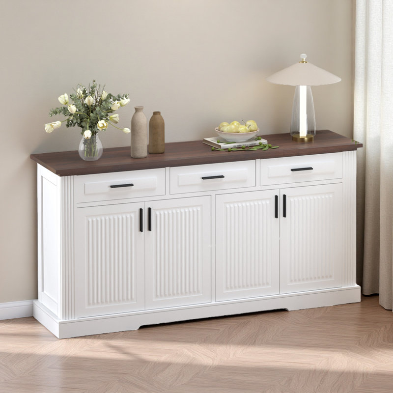 63" Fluted Sideboard Buffet Cabinet With Storage, Modern Coffee Bar Station With 4 Doors And 3 Drawers, Kitchen Storage Console Table