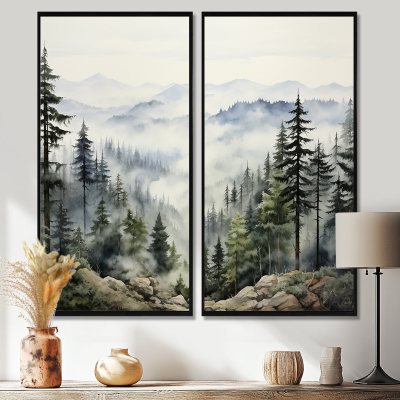 Pin, Misty Mountain I - art mural pin surdimensionné, H 32 po x l 32 po, Noir, Reproduction encadrée sans passe-partout