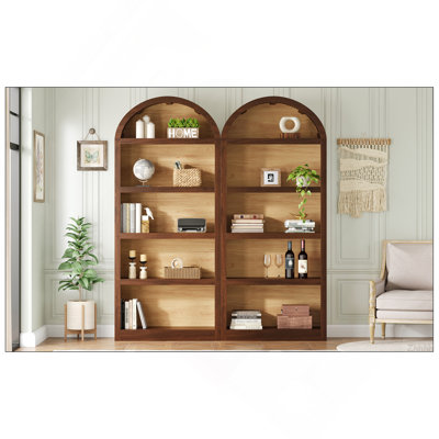 ON-TREND - Ensemble de 2 grandes bibliothèques autoportantes, armoire de rangement ouverte bicolore avec plateau arqué en tissu, bibliothèque à 5 niveaux pour le salon, la chambre à coucher, le bureau personnel, noyer et naturel