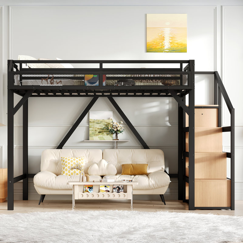 Full Loft Bed with Storage Stairs, Shelves and Built-in Wardrobe, Metal Loft Bed Frame with USB Ports and LED Lights, Noise-reduced Design, Natural Wood