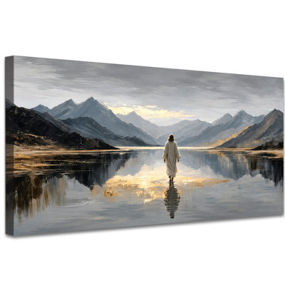 «Jesus Walking on Water», art mural chrétien moderne avec scène de lac de montagne, impression sur toile, reproduction sur toile tendue avec châssis, prête à être accrochée (24 po x 47 po)