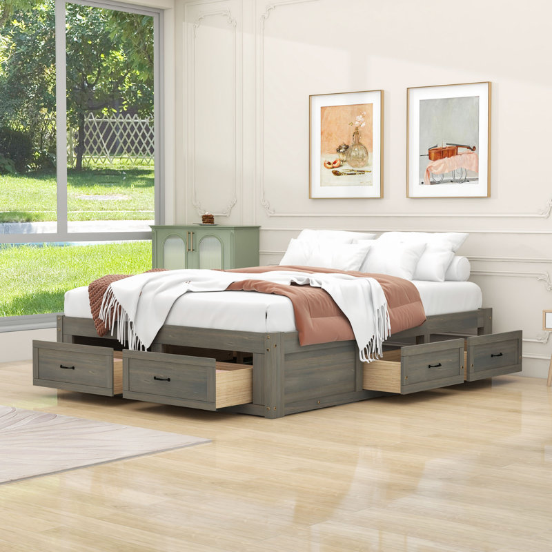 Lit plateforme en bois avec 6 tiroirs de rangement, Gris antique, Grand
