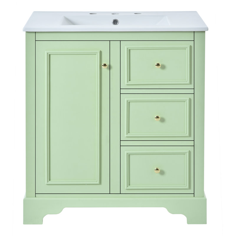 Meuble-lavabo de 30 pouces avec lavabo en céramique, 3 tiroirs et tablettes réglables pour un rangement optimal, Vert