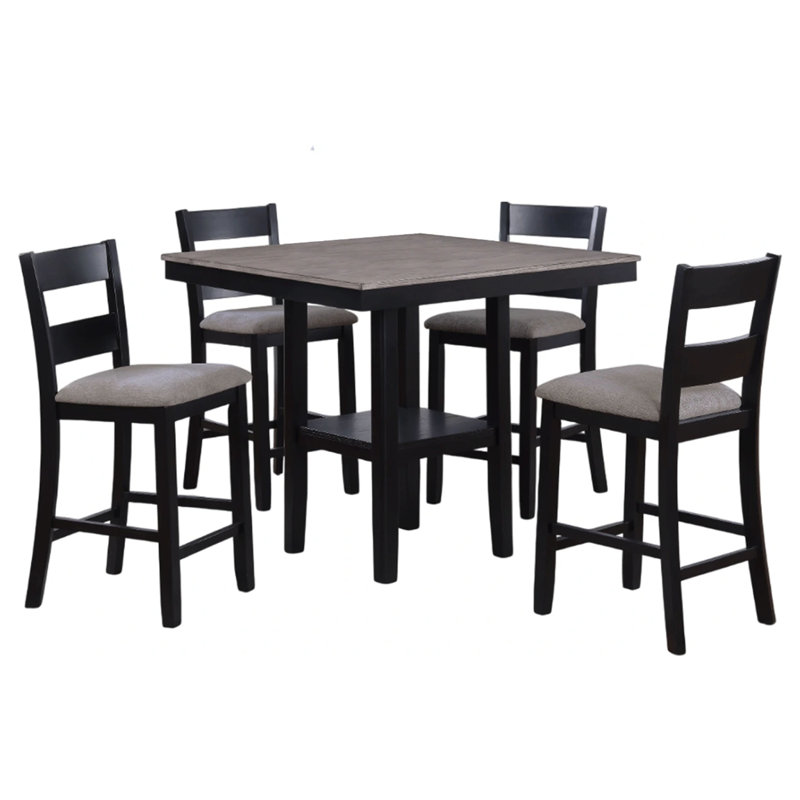 Ensemble de table à hauteur de comptoir et 4 chaises Losy, plateau carré en bois gris, Noir anthracite