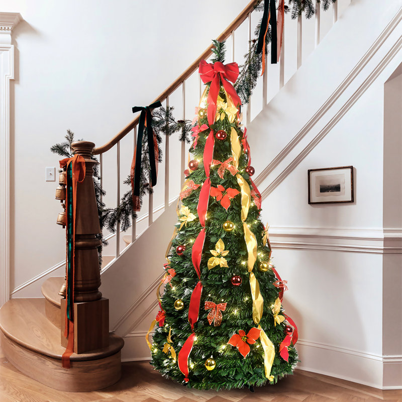Arbre de Noël escamotable de 6 pi avec 150 lumières blanc chaud, ornements rouges et or entièrement décorés, rangement compact orné facile à ranger