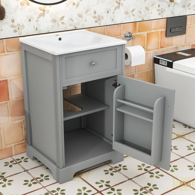 Meuble-lavabo moderne de 20 po avec lavabo en céramique et base en panneau de fibres à densité moyenne durable, Gris