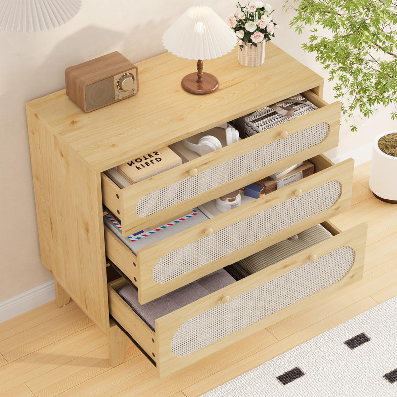 Rattan Drawer Dresser, 3 Wood Drawers, Oak
