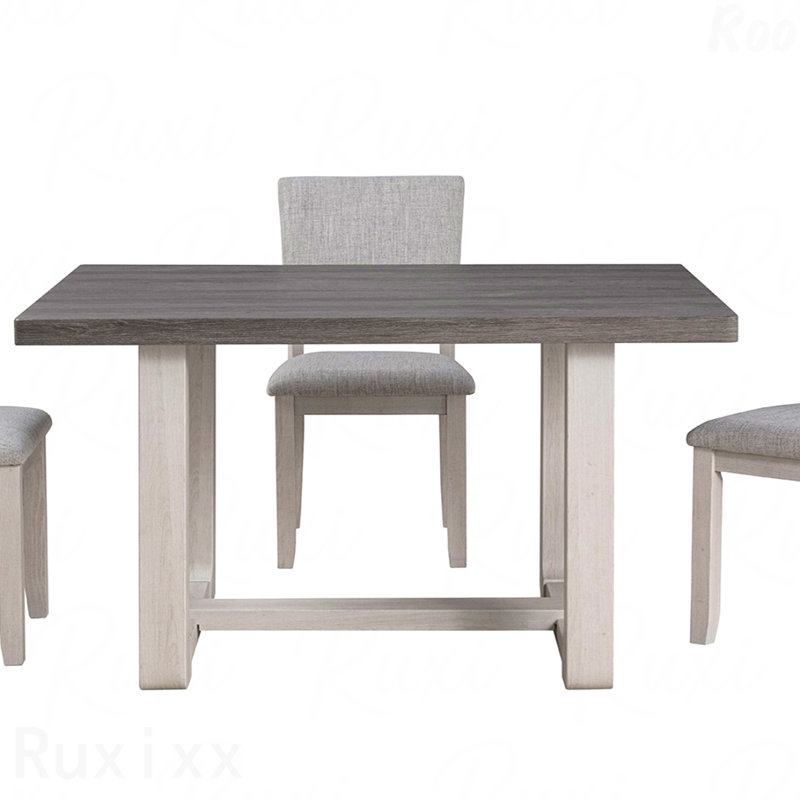 Transitional Dining Table Gray Wood Rectangle Trestle Base, Gray/Beige