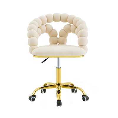 Fauteuil de bureau pivotant en velours moderne avec dossier à bulles, fauteuil de coiffeuse rembourré avec base en métal doré, fauteuil de bureau roulant pour bureau à domicile, chambre à coucher, salle de maquillage (ensemble de 1)