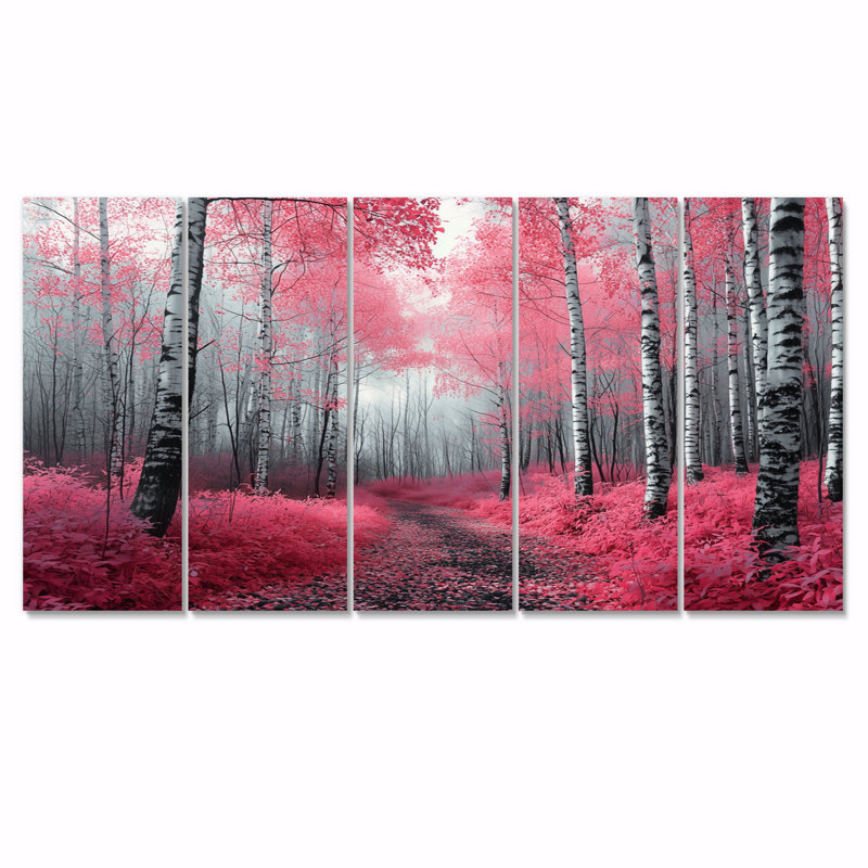 Bouleaux roses, chemin forestier, Panorama I - ensemble de décorations murales forêt, H 32 po x l 80 po