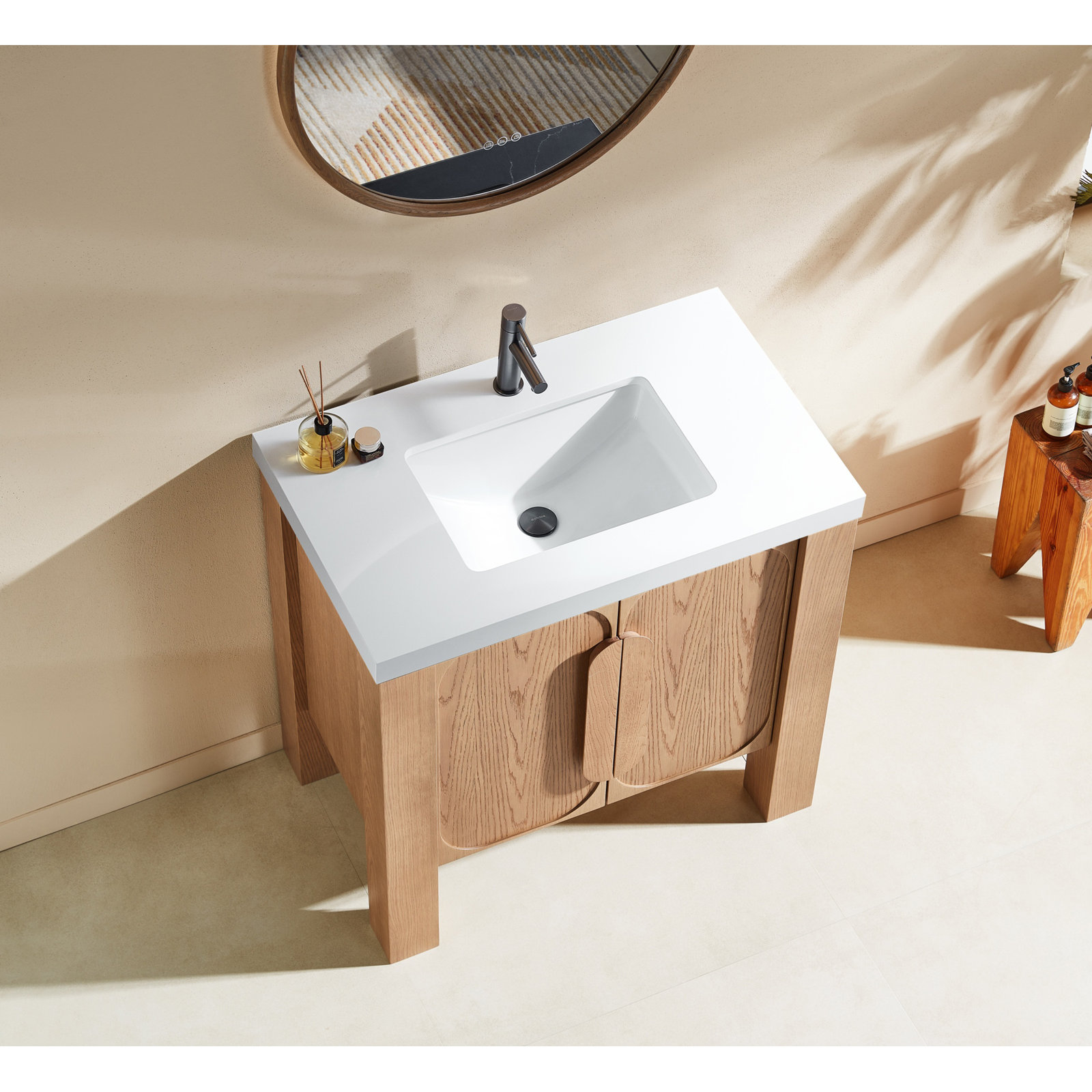 36" Oak Single Bathroom Vanity, White, Natural
