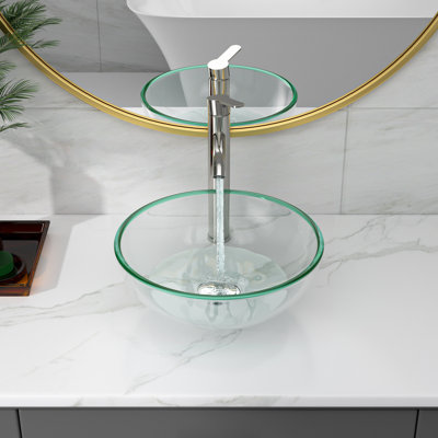 16.5" Circular Glass Bathroom Sink Vessel Sink with Pop-Up Drain and Faucet Combo