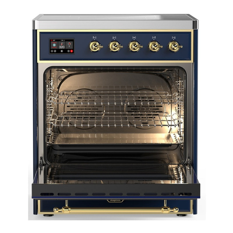 Cuisinière à induction ILVE Majestic III Series 30 po avec 4 éléments à induction (porte en verre), Bleu nuit, Laiton