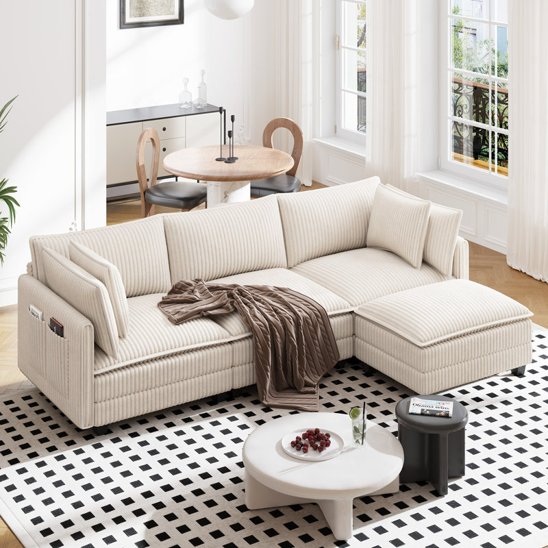 109" L Shaped Cloud Modular Sofa With 1 Ottoman, Beige