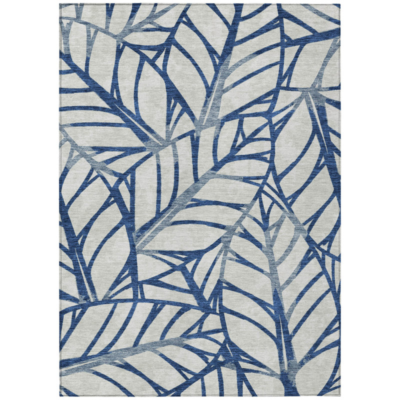 Tapis extérieur lavable floral bleu marine et beige 9 pi x 12 pi