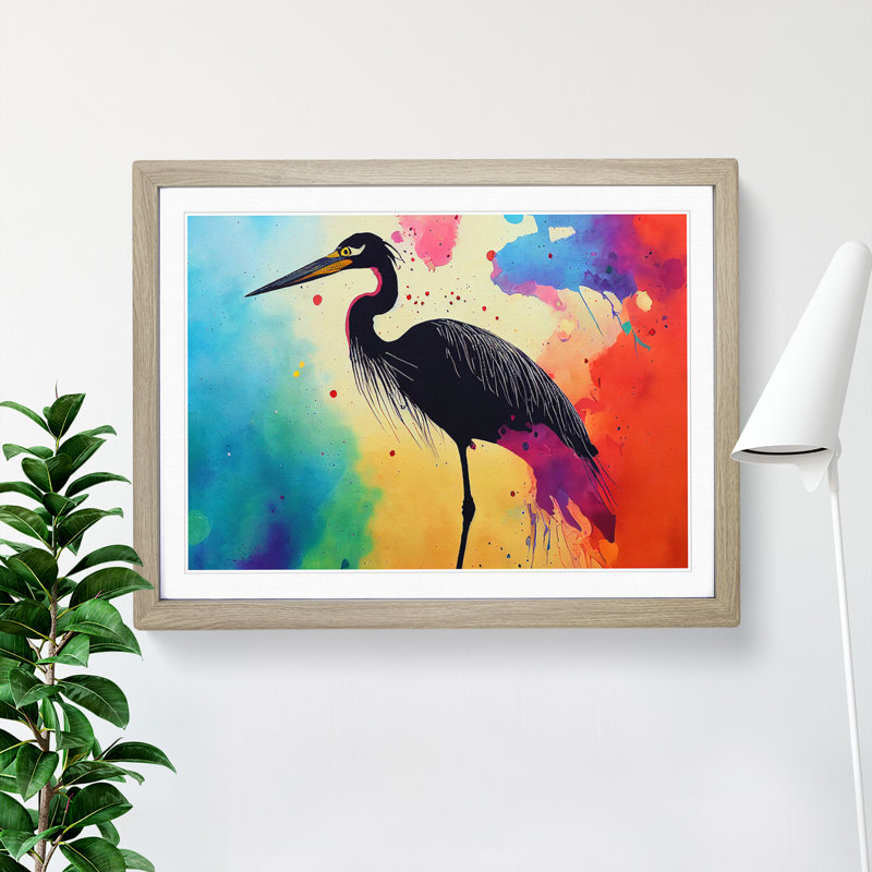 Heron Bird Splash Vol.2 Abstract 1 Piece Single Picture Frame Wall Art, 46cm H x 64cm W x 2cm D, Oak
