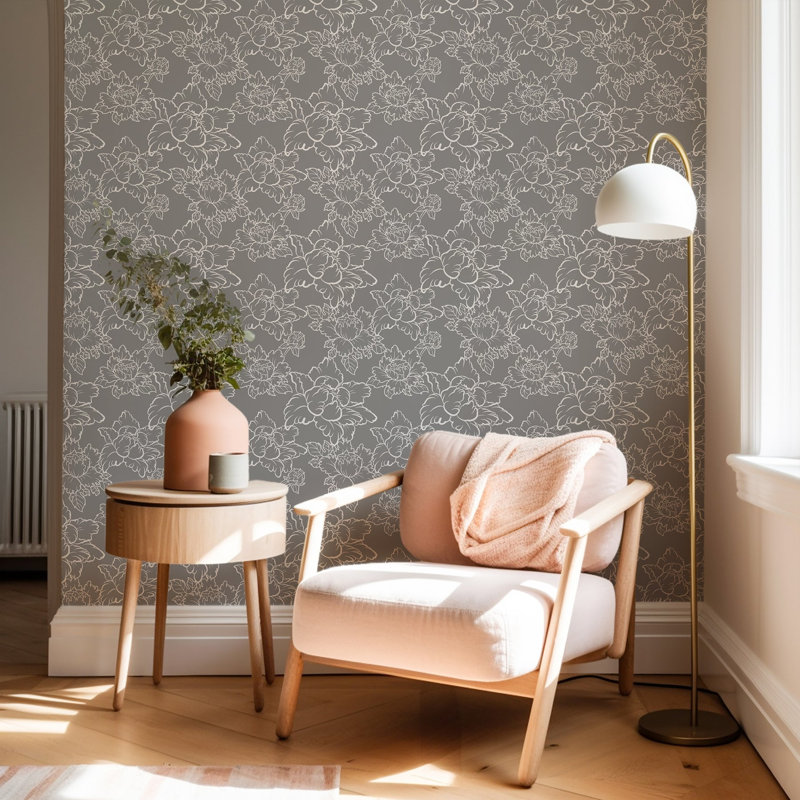 Peony 10' L x 24" W Peel and Stick Wallpaper Roll, Gray, Faux Grasscloth