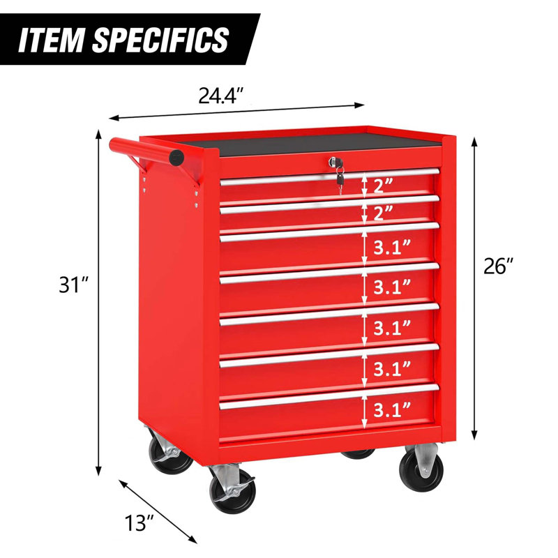 Coffre à outils roulant avec boîte à outils à 7 tiroirs avec roues Armoire de rangement multifonctionnelle pour chariot à outils, garage, entrepôt, atelier, atelier de réparation