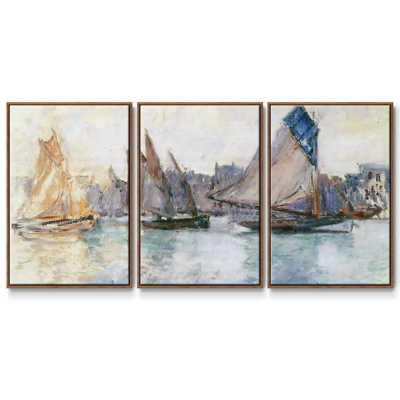 Bateaux dans le port du Havre, 1882, peinture sur toile 3 pièces, H 40 po x l 78 po, Cadre noyer