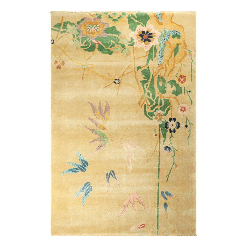 Rug & Kilim’S Chinese Art Deco Style Rug In Gold With Colorful Floral Patterns