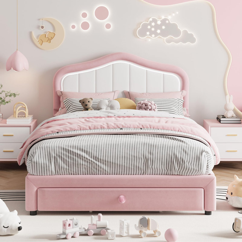 Structure de lit double en velours avec lumières DEL, tiroir de rangement et tête de lit pour enfants, Lit double, Rose